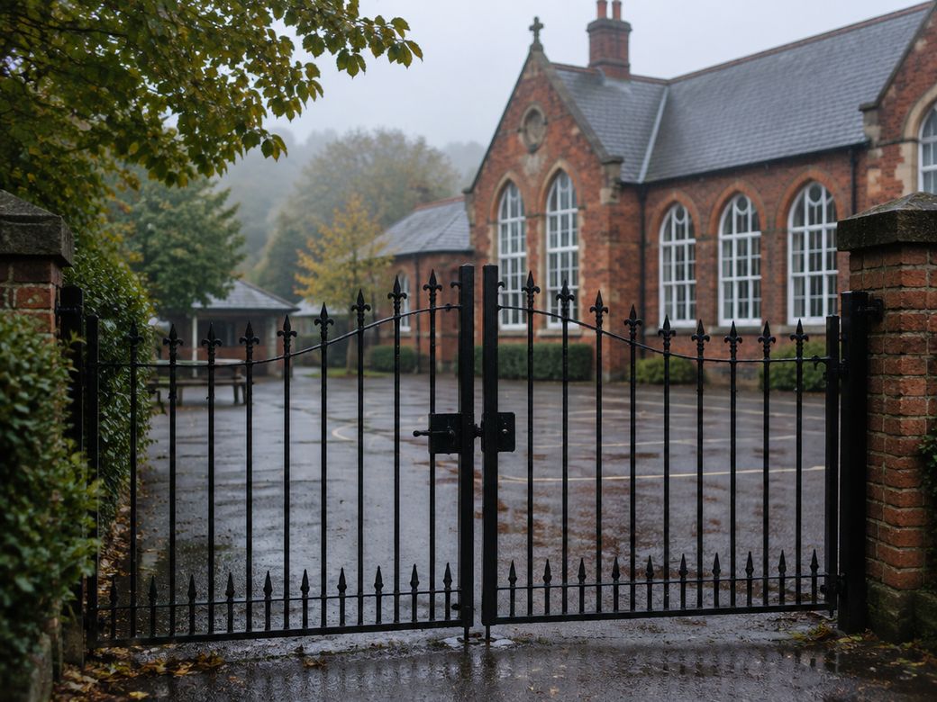 Closed gates outside an English state school on a wet autumn morning